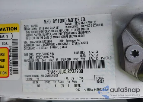 2018 Ford Fusion Hybrid Se z USA, uszkodzony, nr VIN 3FA6P0LUXJR233900
